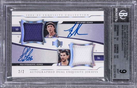 2004-05 UD "Exquisite Collection" Dual Jerseys Autographs #BS Mike Bibby/Peja Stojokovic Dual Signed Game Used Patch Card (#2/2) – BGS MINT 9/BGS 10
